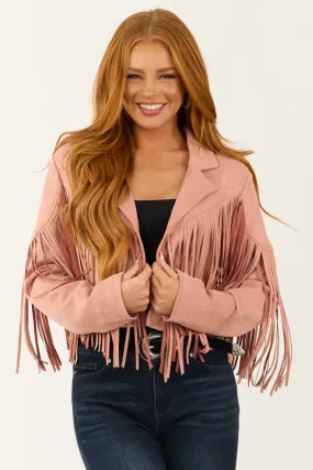 Cherry Blossom Open Front Fringe Faux Suede Jacket