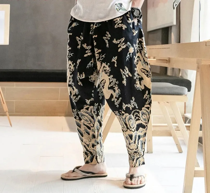 Chinese Dragon Print Wide Leg Japanese Streetwear Style Men Joggers Pants