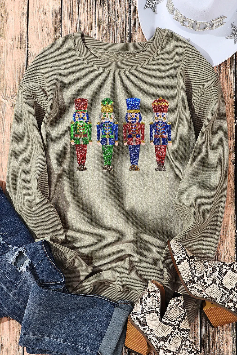 Christmas Sweater for Women Sequined Nutcracker Doll Corded Baggy Sweatshirt