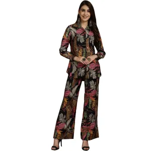 Claura Navy Blue Floral Printed Shirt Collar Tunic with Trousers Co-OrdsCo-ords/Cord Set for Women (Medium, Navy)