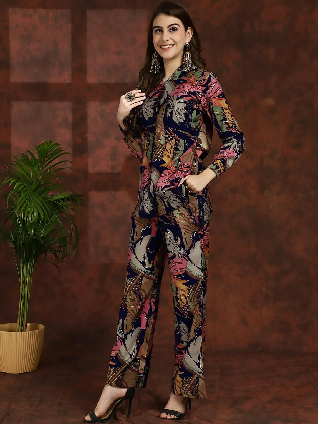 Claura Navy Blue Floral Printed Shirt Collar Tunic with Trousers Co-OrdsCo-ords/Cord Set for Women (Medium, Navy)