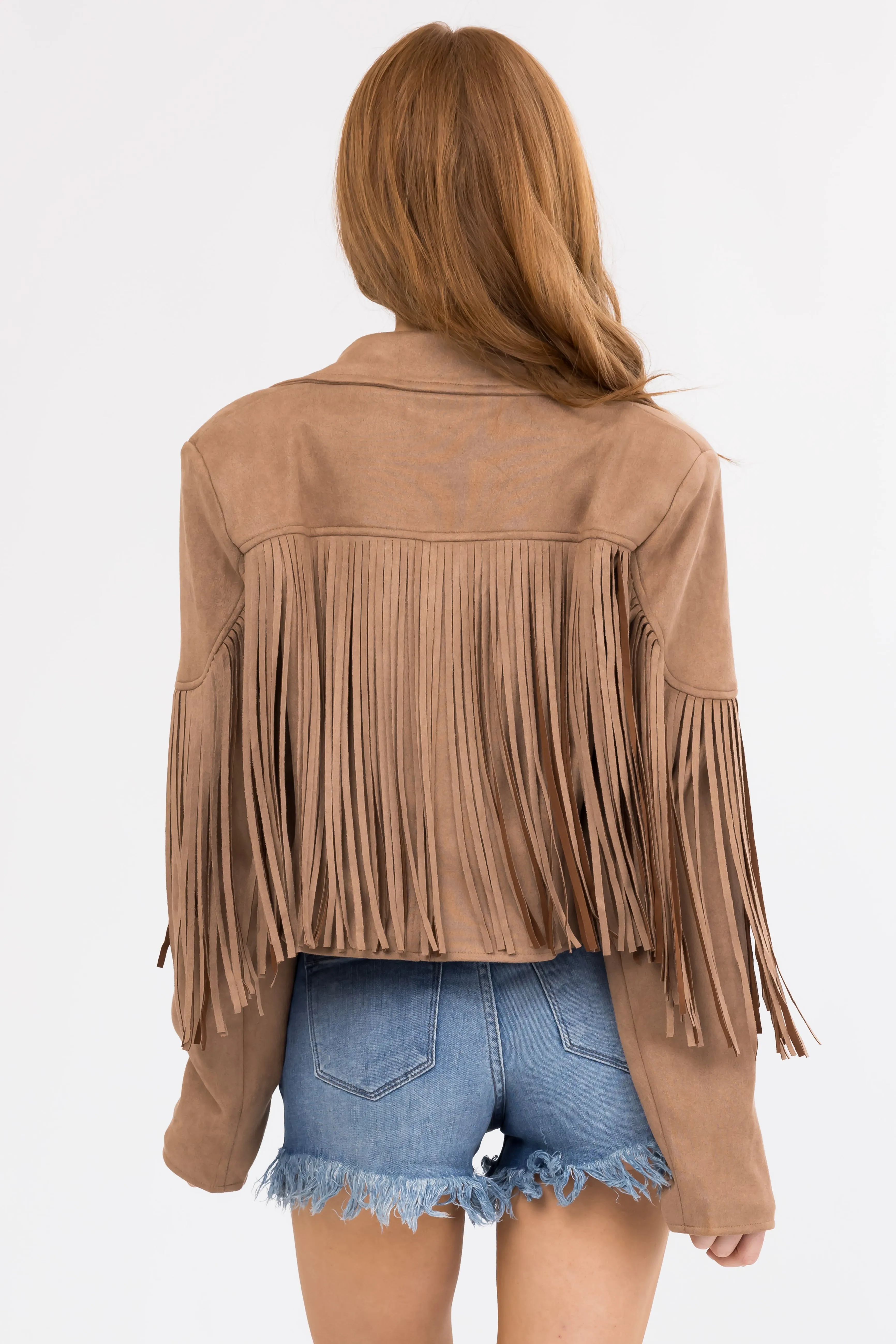 Cognac Faux Suede Fringe Open Front Jacket