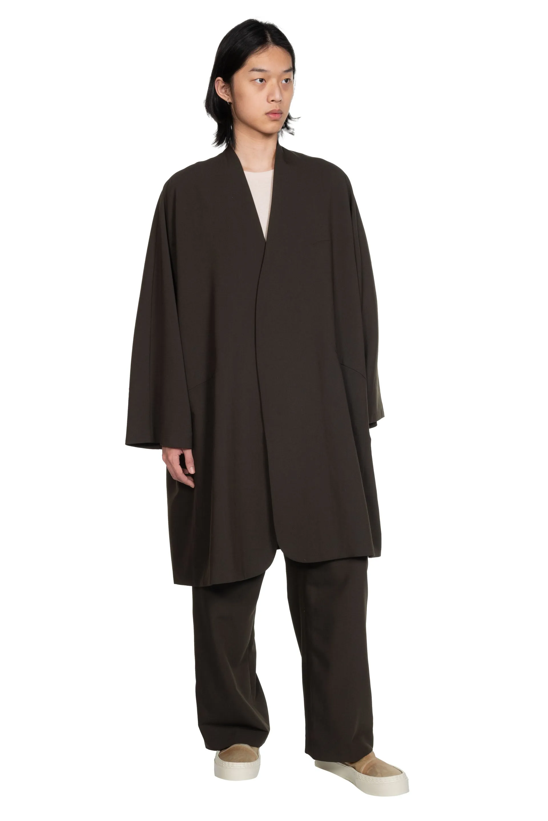 Collarless Long Coat Black Olive