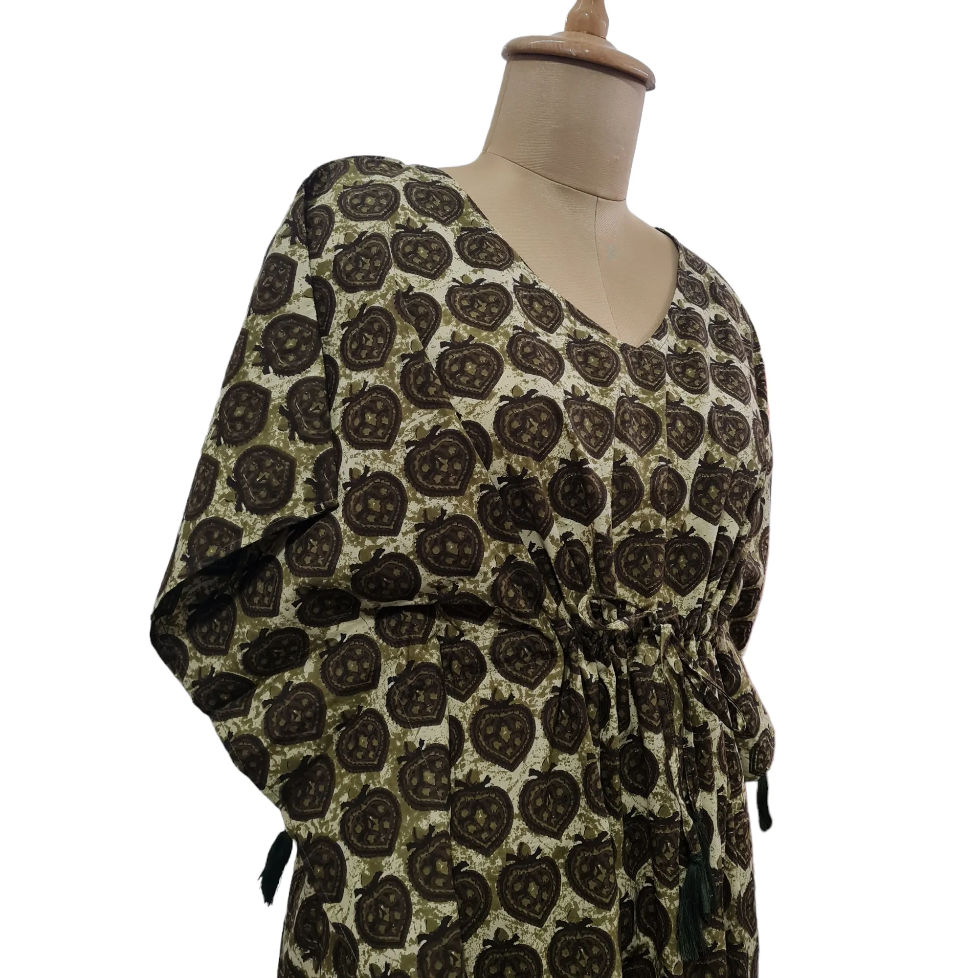 Cream Green Floral Print Cotton Kaftan