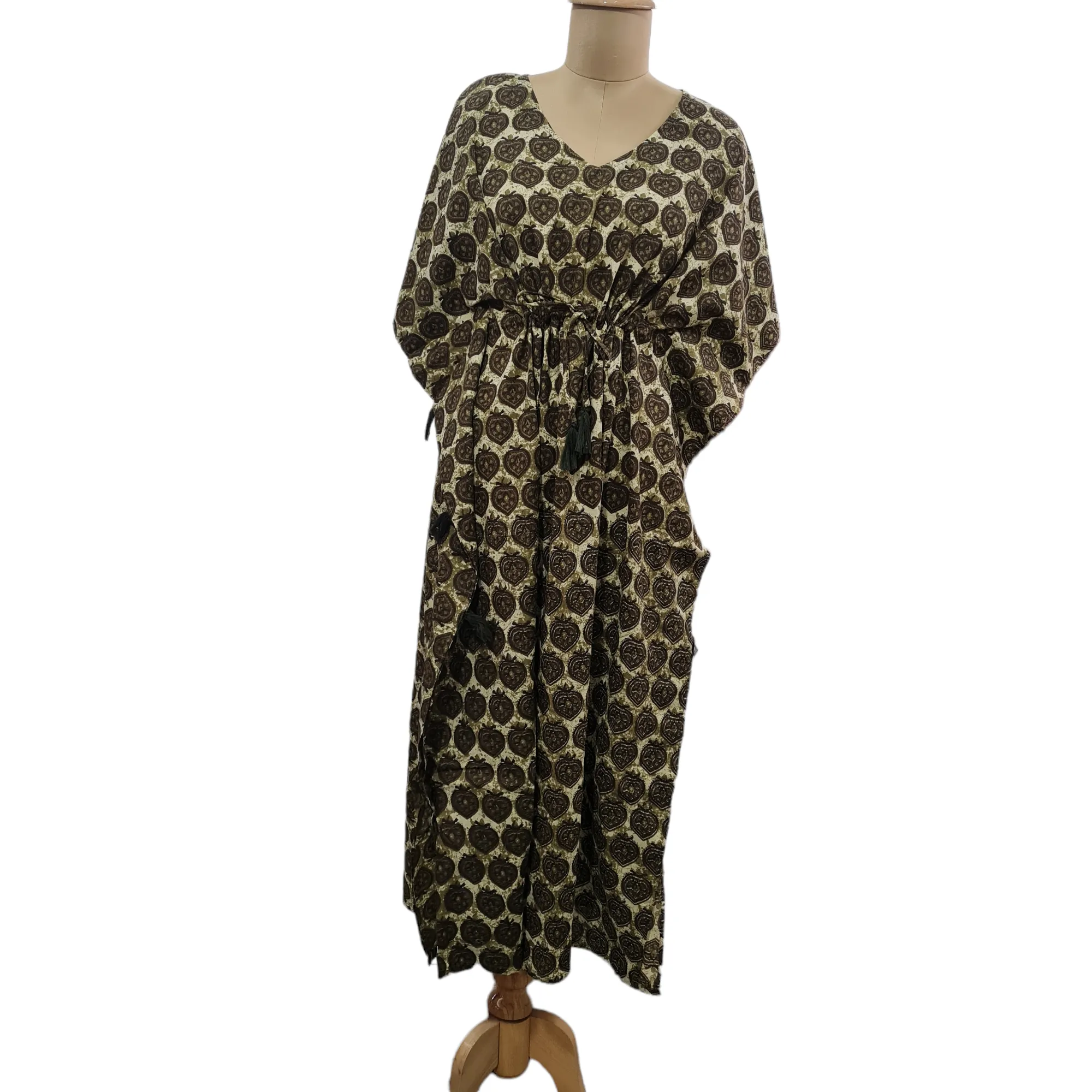 Cream Green Floral Print Cotton Kaftan