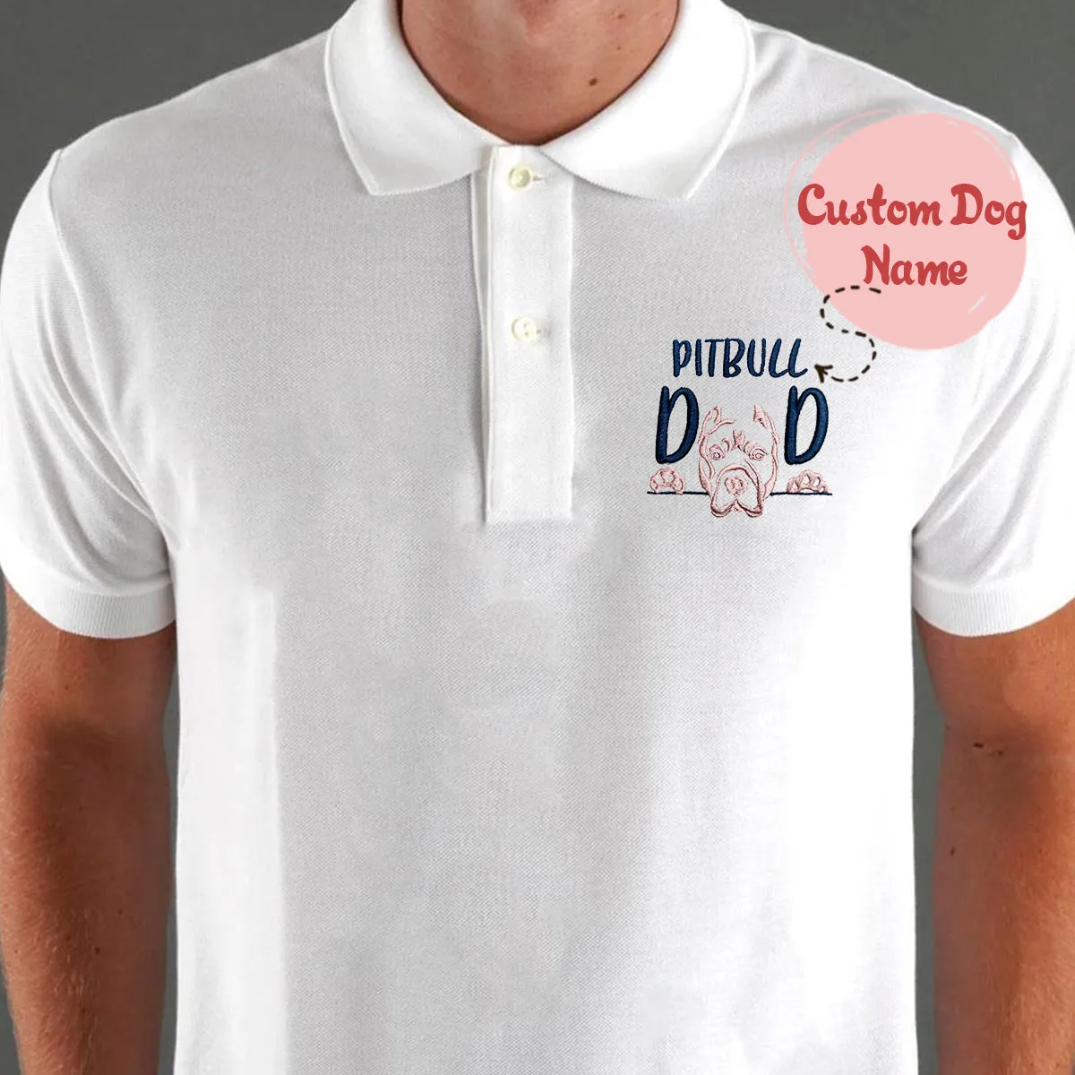 Custom Pitbull Dog Dad Polo Shirt, Personalized Polo Shirt with Embroidered Dog Name, Best Gifts for Pitbull Lovers