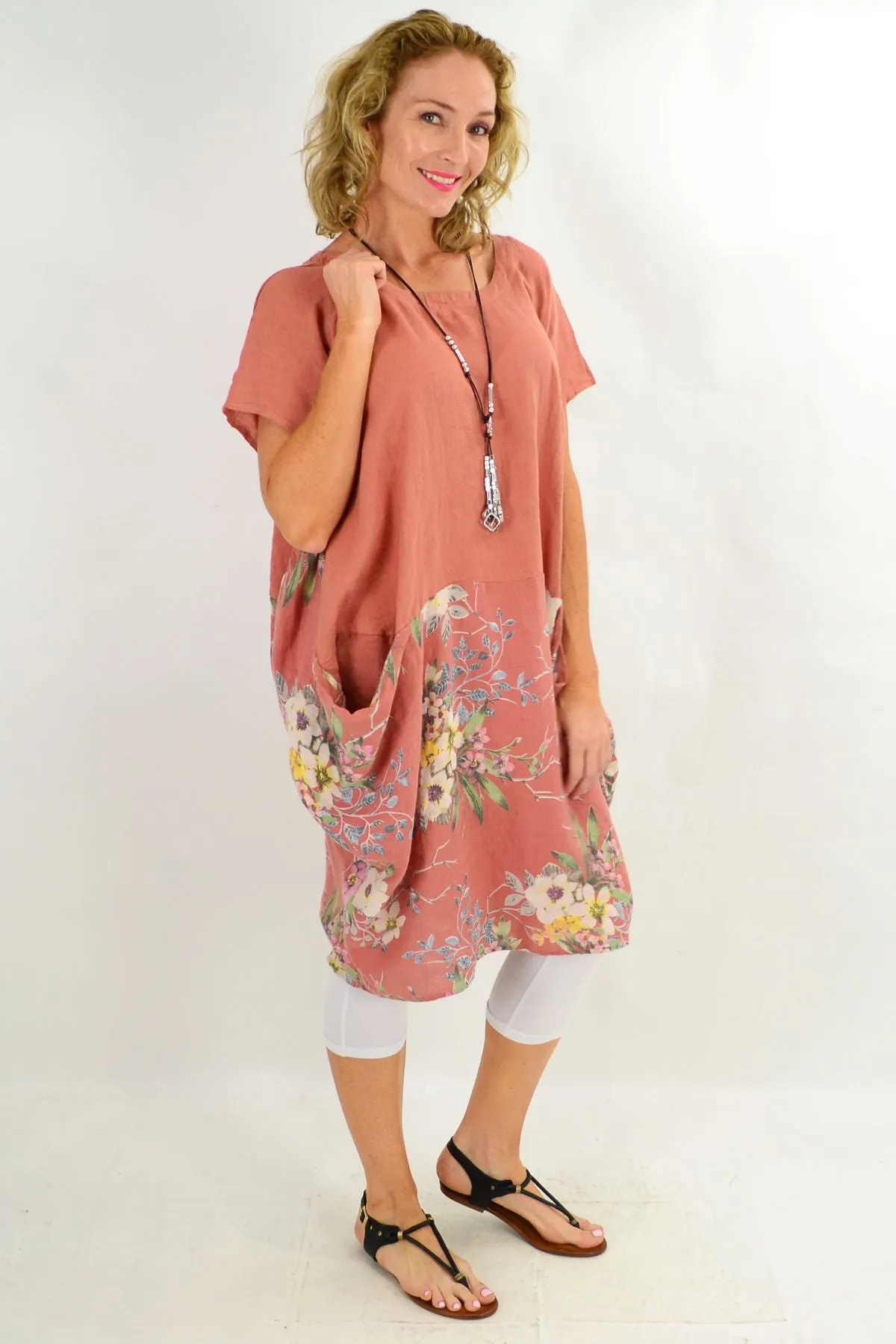 Dark Salmon Native Flower Sleeve Linen Tunic Dress