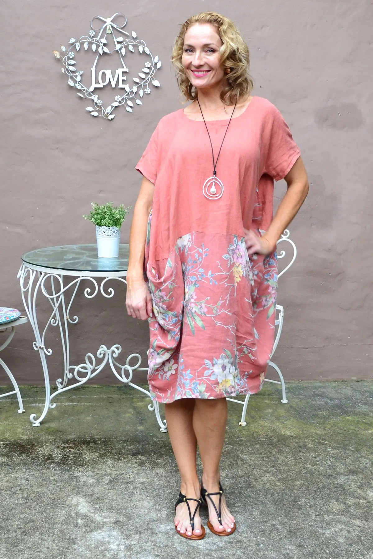 Dark Salmon Native Flower Sleeve Linen Tunic Dress