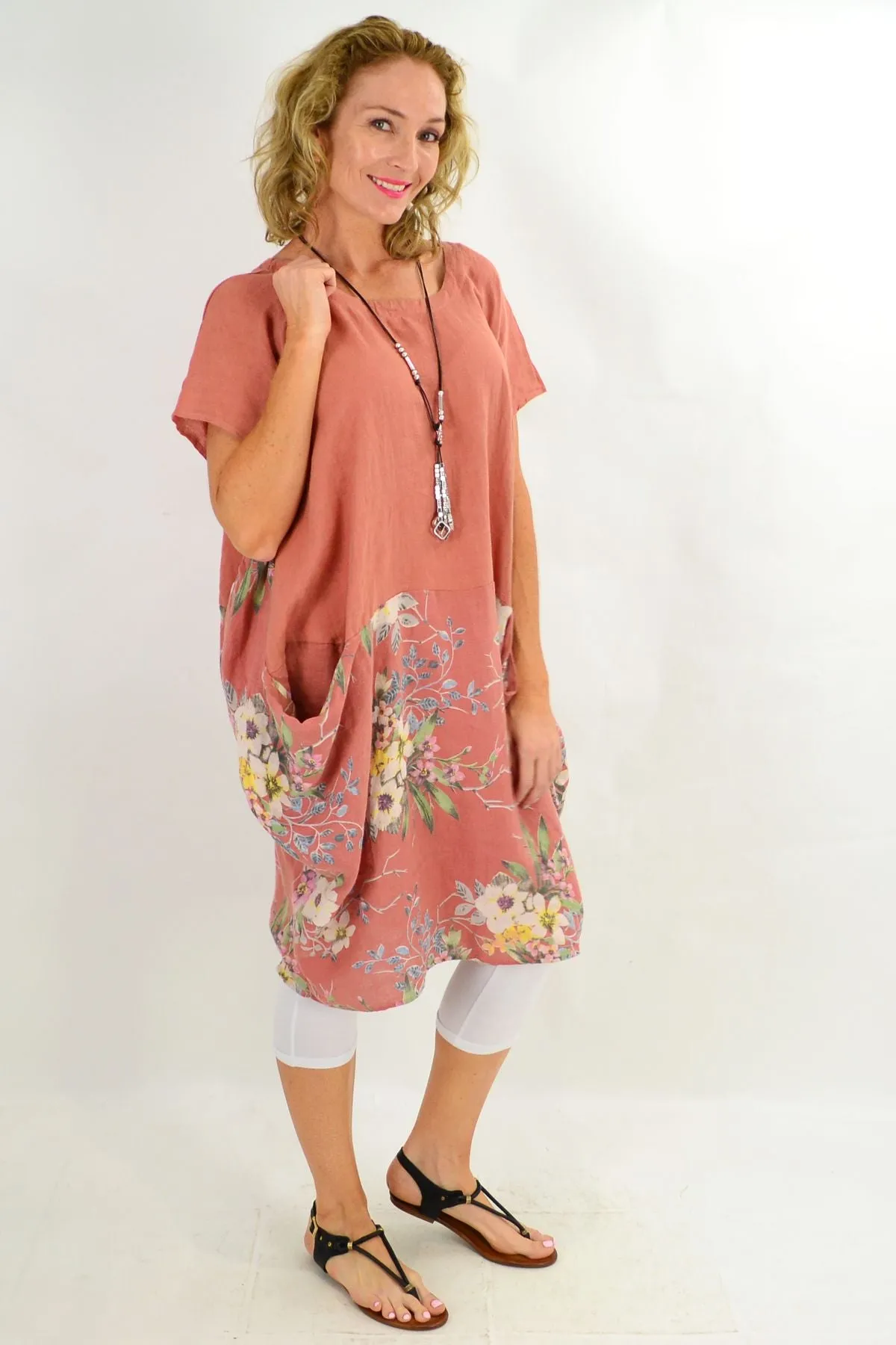 Dark Salmon Native Flower Sleeve Linen Tunic Dress