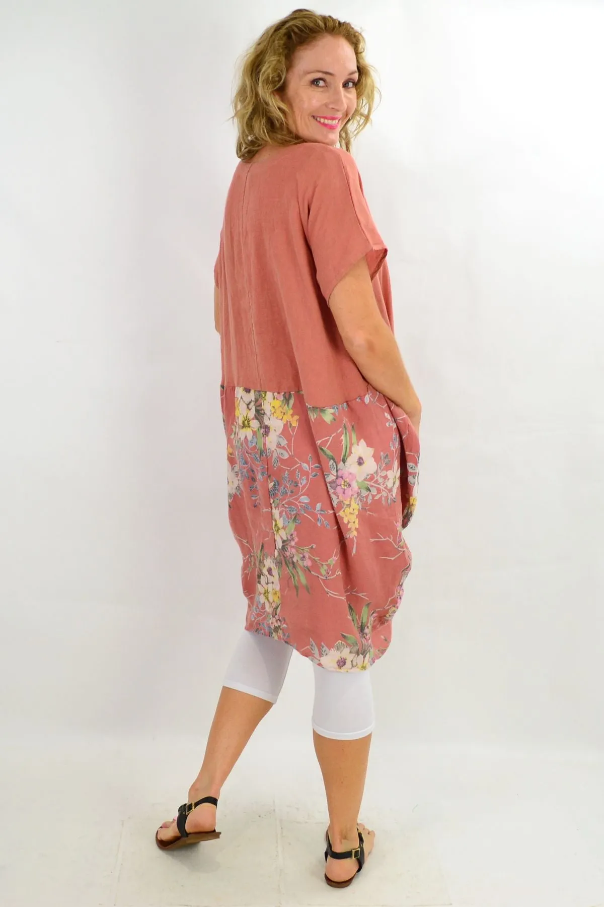 Dark Salmon Native Flower Sleeve Linen Tunic Dress