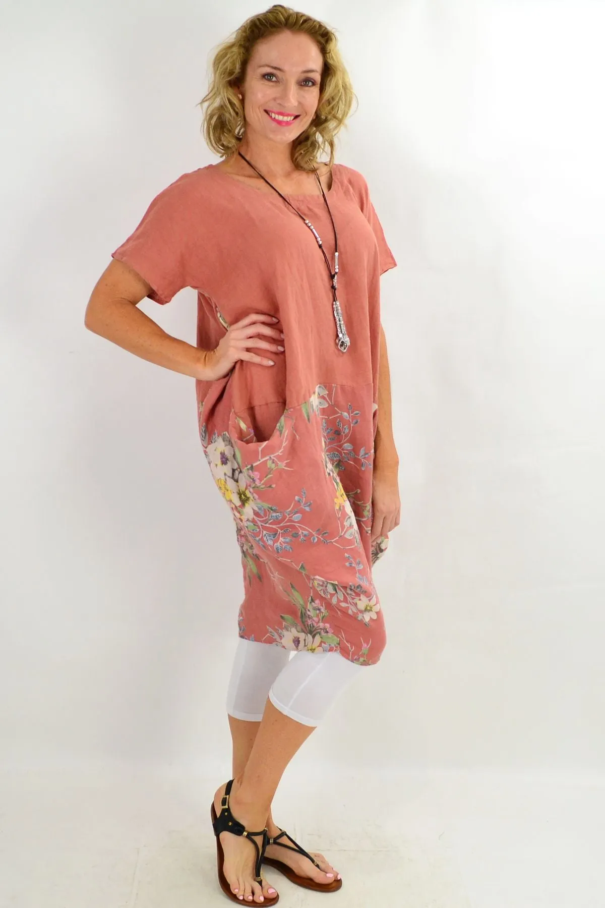 Dark Salmon Native Flower Sleeve Linen Tunic Dress