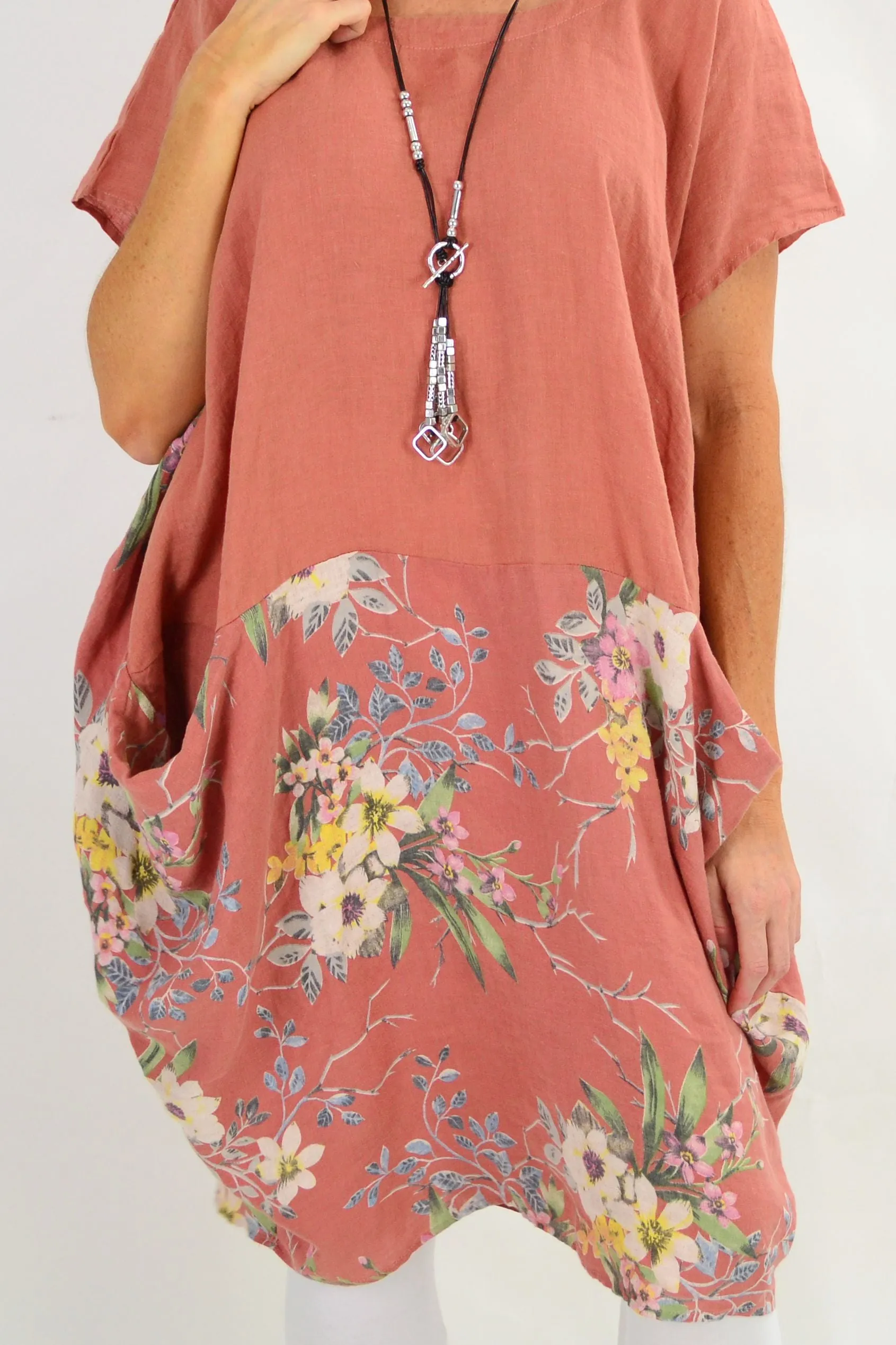 Dark Salmon Native Flower Sleeve Linen Tunic Dress