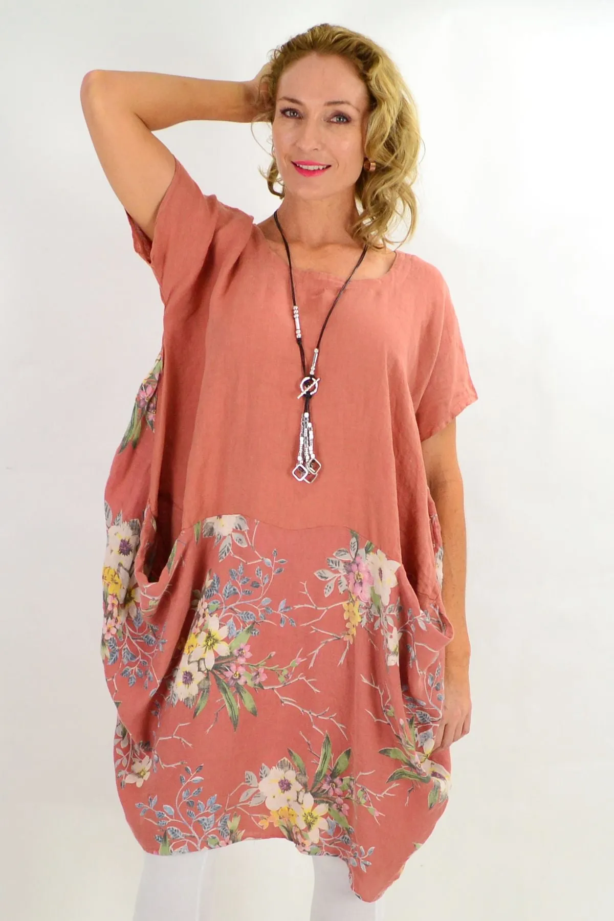 Dark Salmon Native Flower Sleeve Linen Tunic Dress