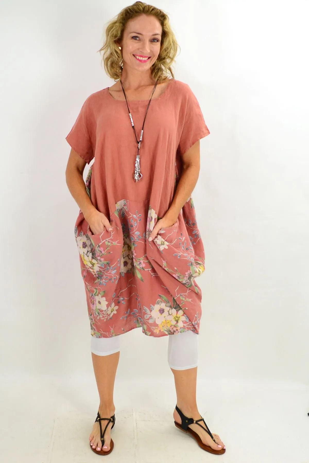 Dark Salmon Native Flower Sleeve Linen Tunic Dress