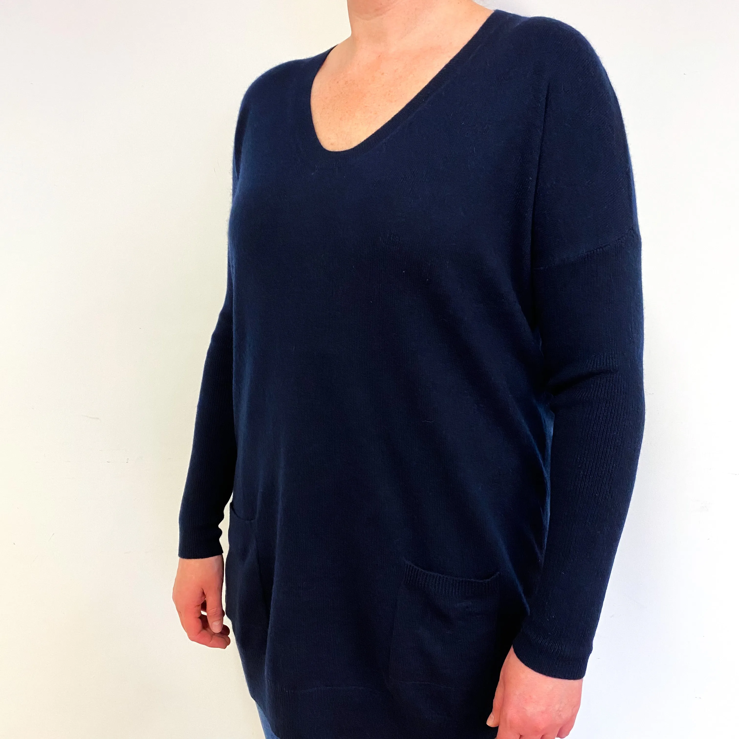 Darkest Navy Cashmere V-Neck Tunic Jumper Large