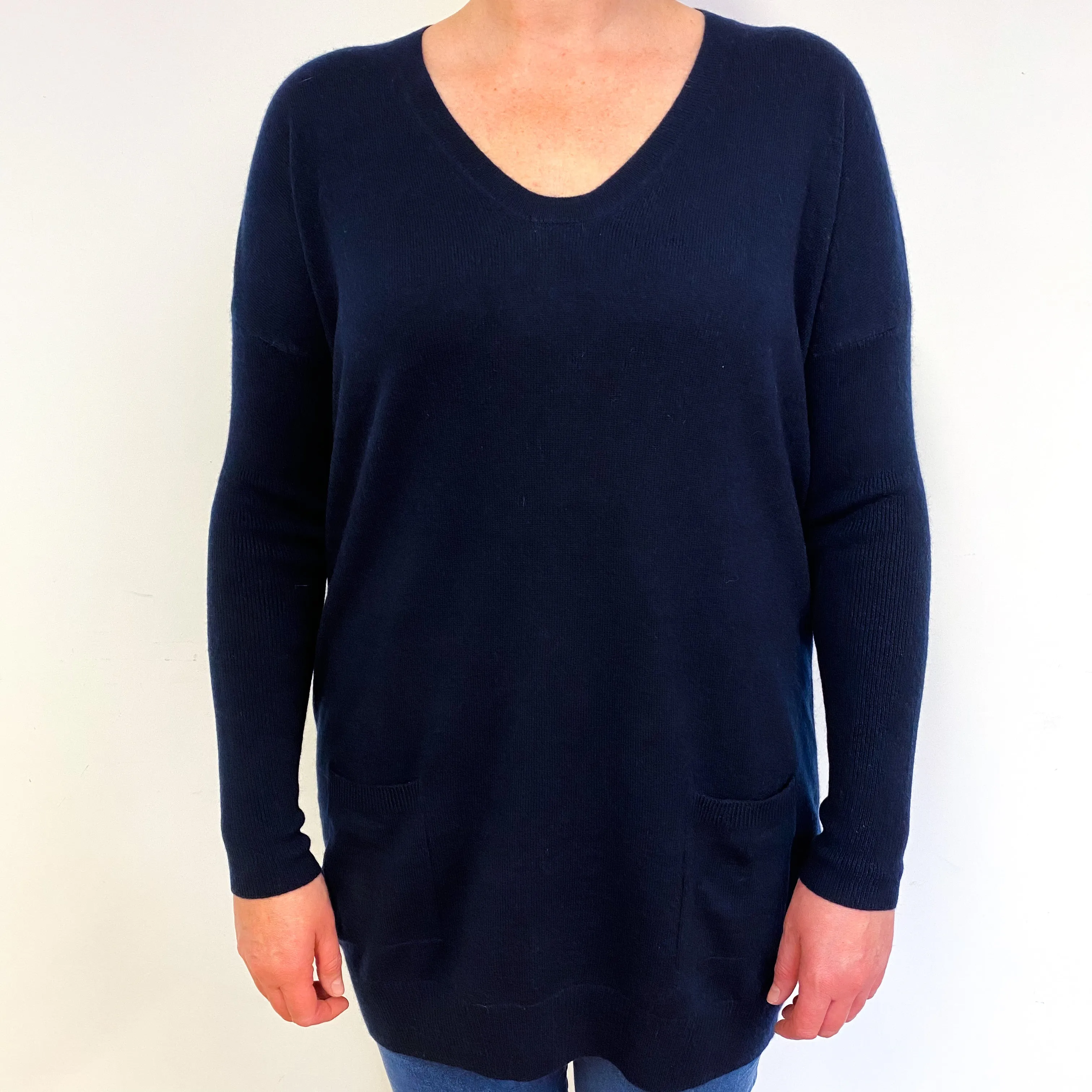 Darkest Navy Cashmere V-Neck Tunic Jumper Large