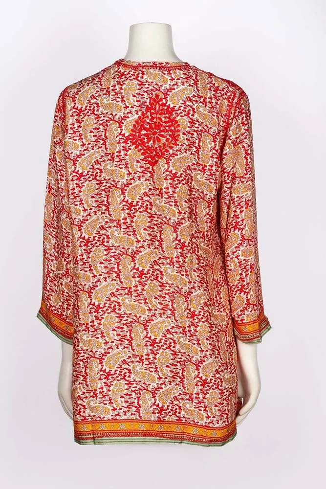 Dolma Women's Embroidered Silk Tunic Top in Red