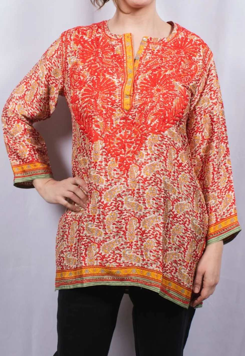 Dolma Women's Embroidered Silk Tunic Top in Red