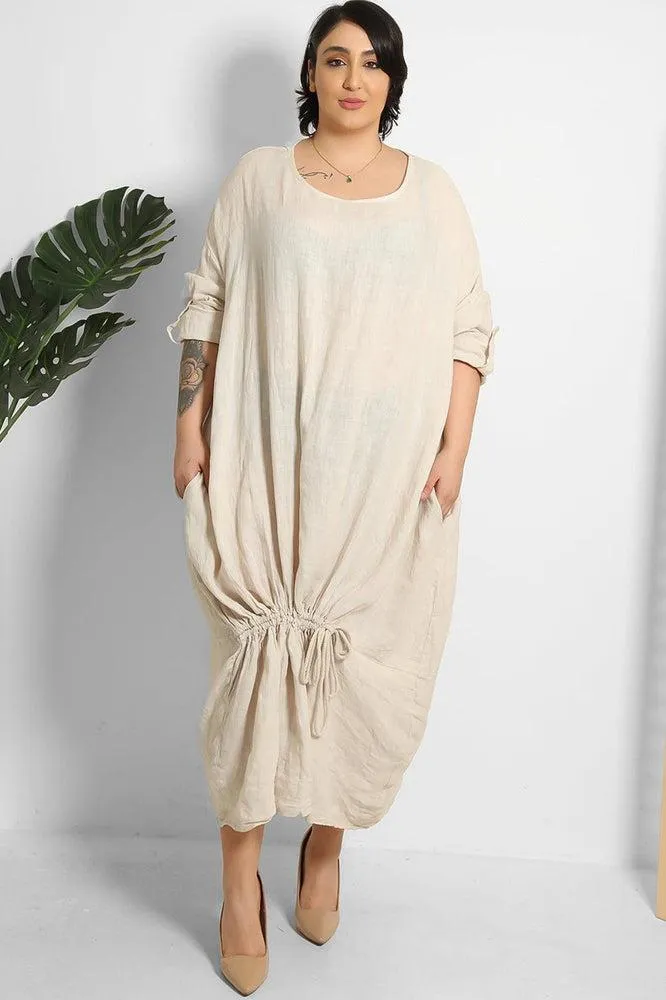 Drawstring Hem Relaxed Fit 100% Linen Tunic Dress