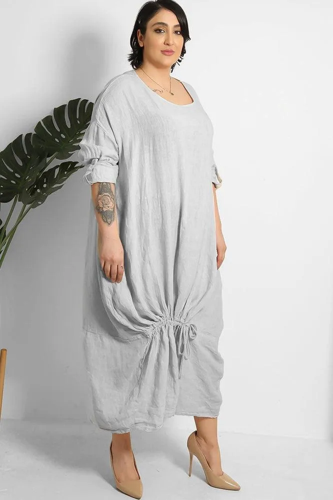 Drawstring Hem Relaxed Fit 100% Linen Tunic Dress