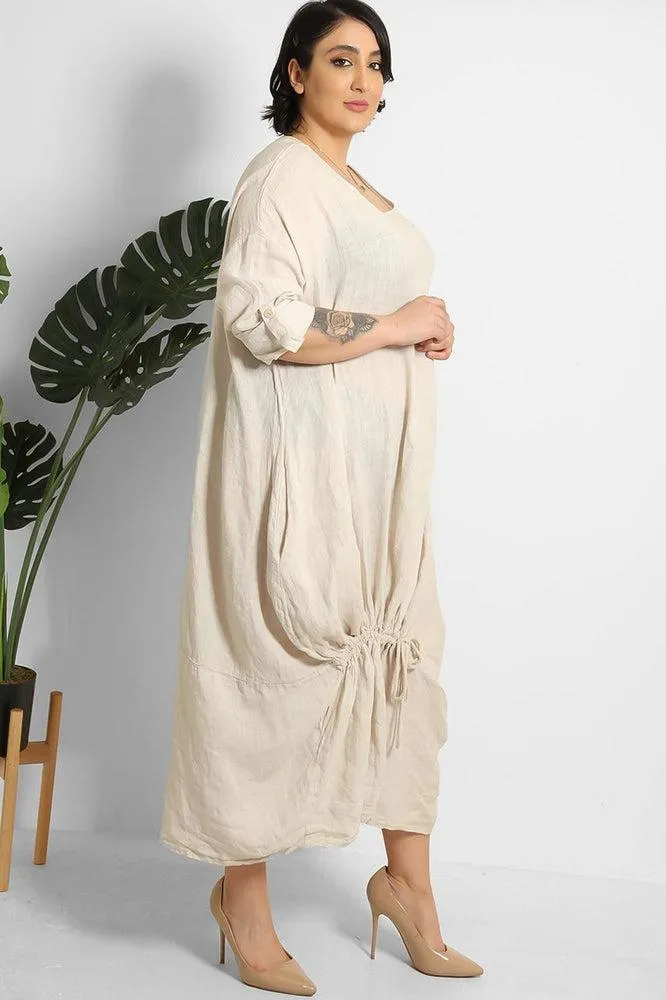 Drawstring Hem Relaxed Fit 100% Linen Tunic Dress