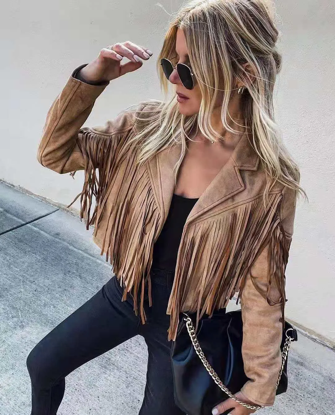 Fashionkova  Faux Suede Tassel Jacket Womens Vintage Lapel Long Sleeve Fringe Cropped Hippie Motor Biker Cardigan Outwears  2022 New