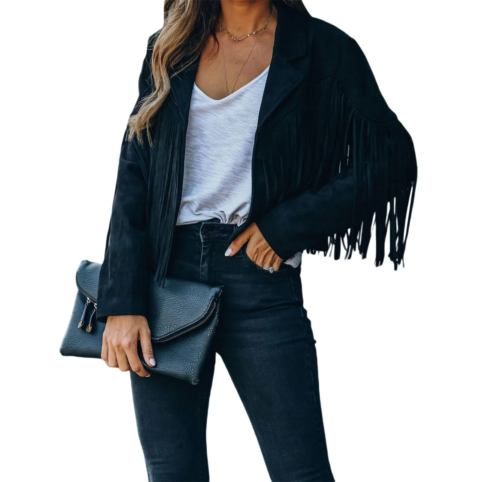 Fashionkova  Faux Suede Tassel Jacket Womens Vintage Lapel Long Sleeve Fringe Cropped Hippie Motor Biker Cardigan Outwears  2022 New