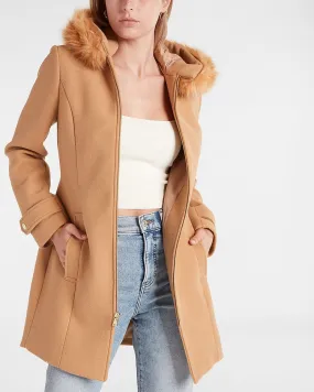 Faux Fur Hooded Wool-Blend Coat in Pecan