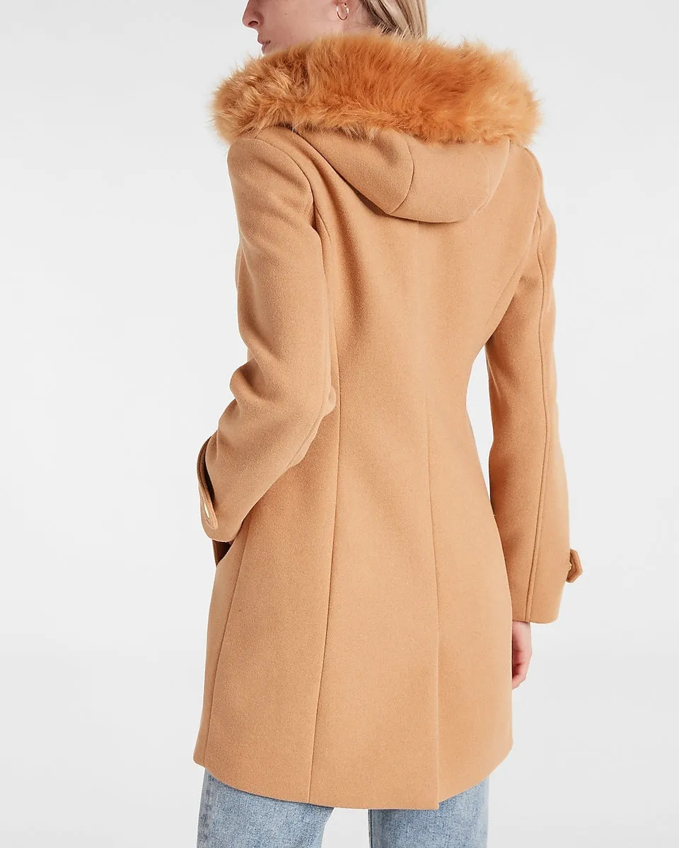 Faux Fur Hooded Wool-Blend Coat in Pecan