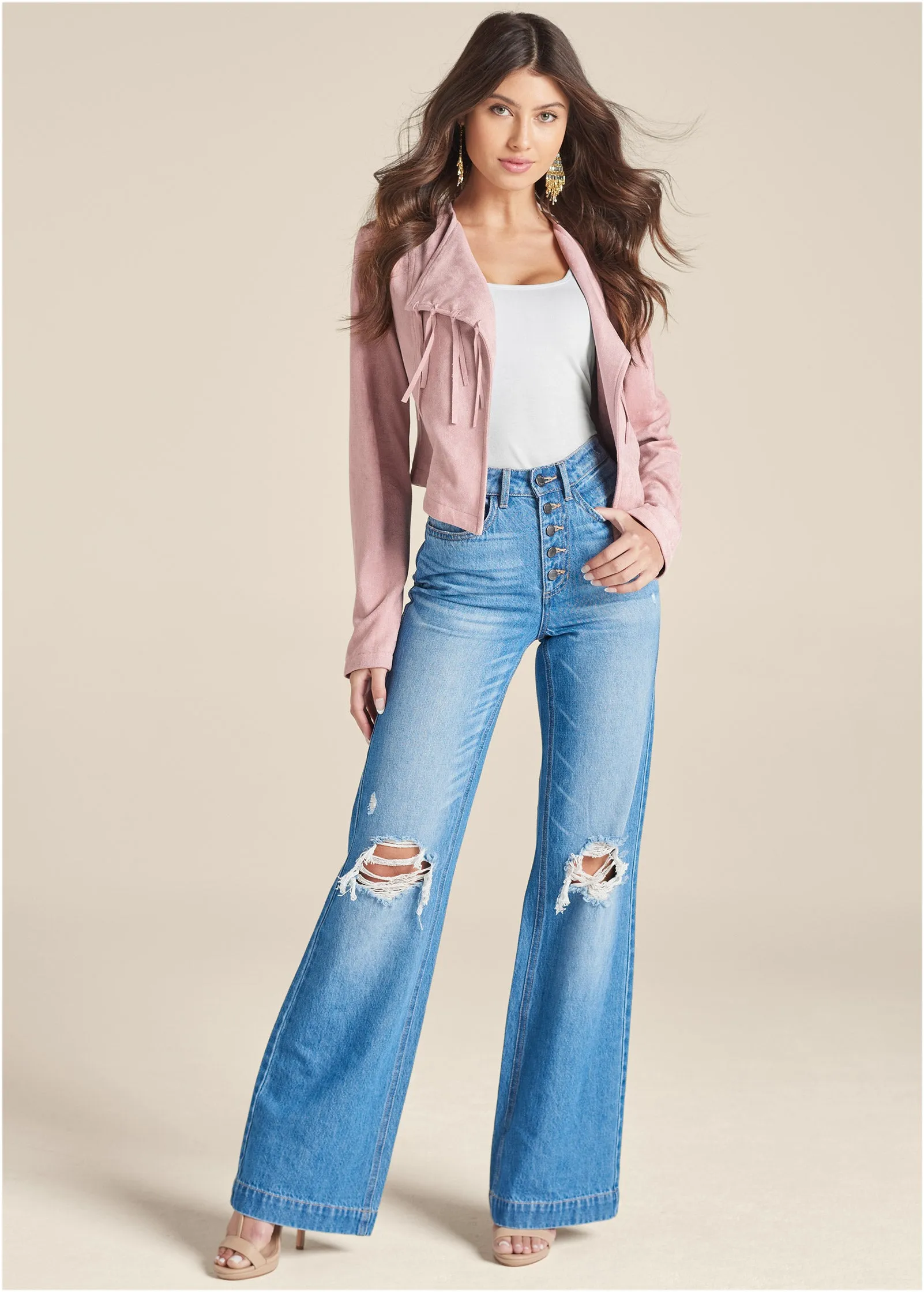 Faux Suede Waterfall Jacket - Pink