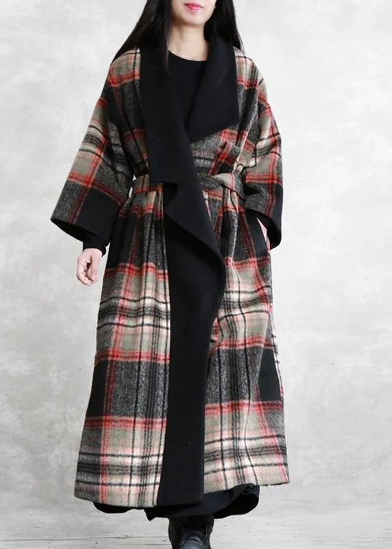 Fine Loose fitting maxi coat red plaid Notched tie waist Woolen Coat Women