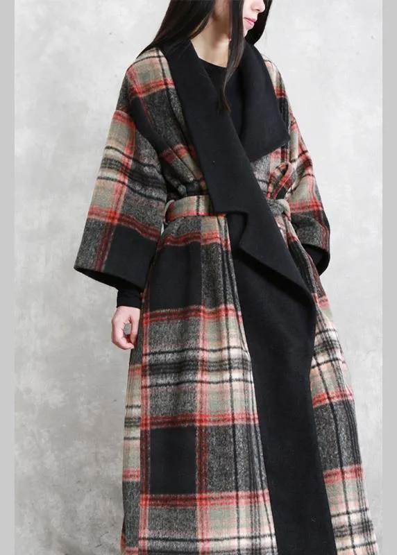 Fine Loose fitting maxi coat red plaid Notched tie waist Woolen Coat Women