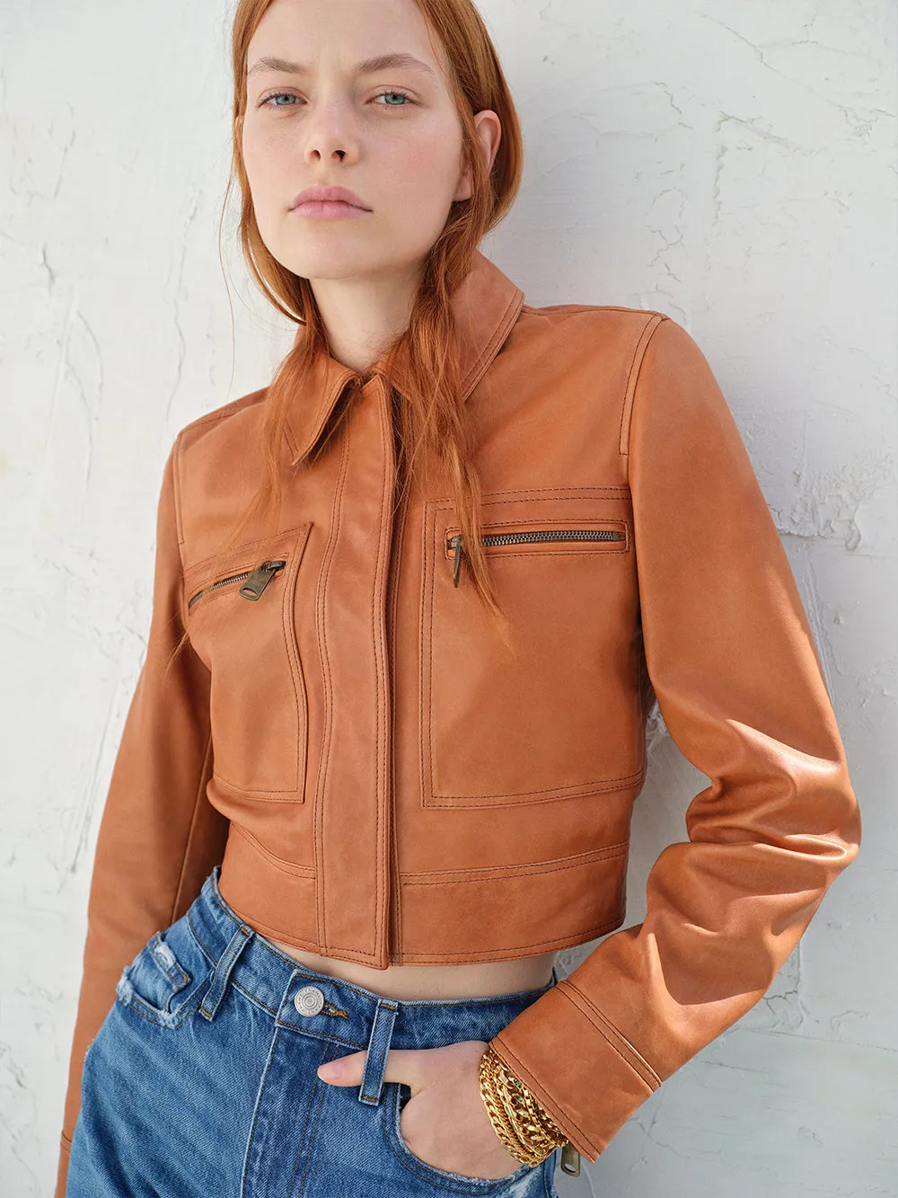 Fitted Leather Moto Jacket -- Light Whiskey