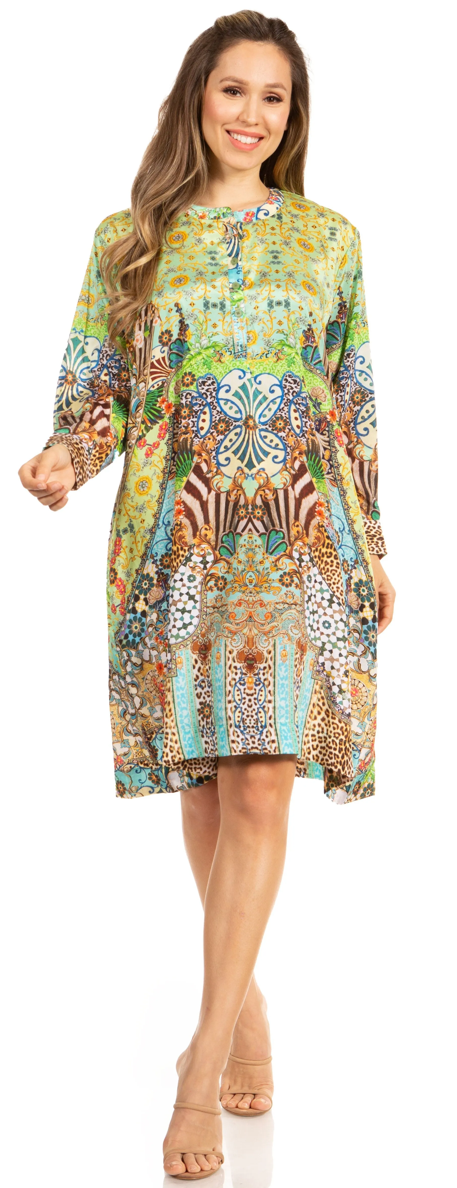 Floral Print Women's Long Sleeve Tunic Dress with Pockets - Sakkas Eloisa