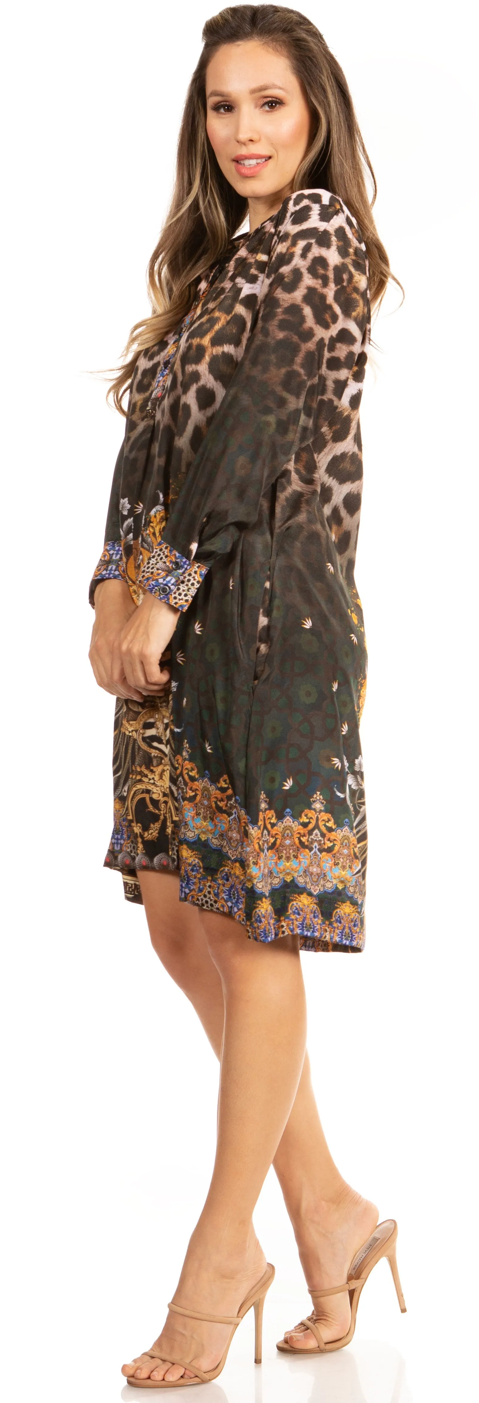 Floral Print Women's Long Sleeve Tunic Dress with Pockets - Sakkas Eloisa