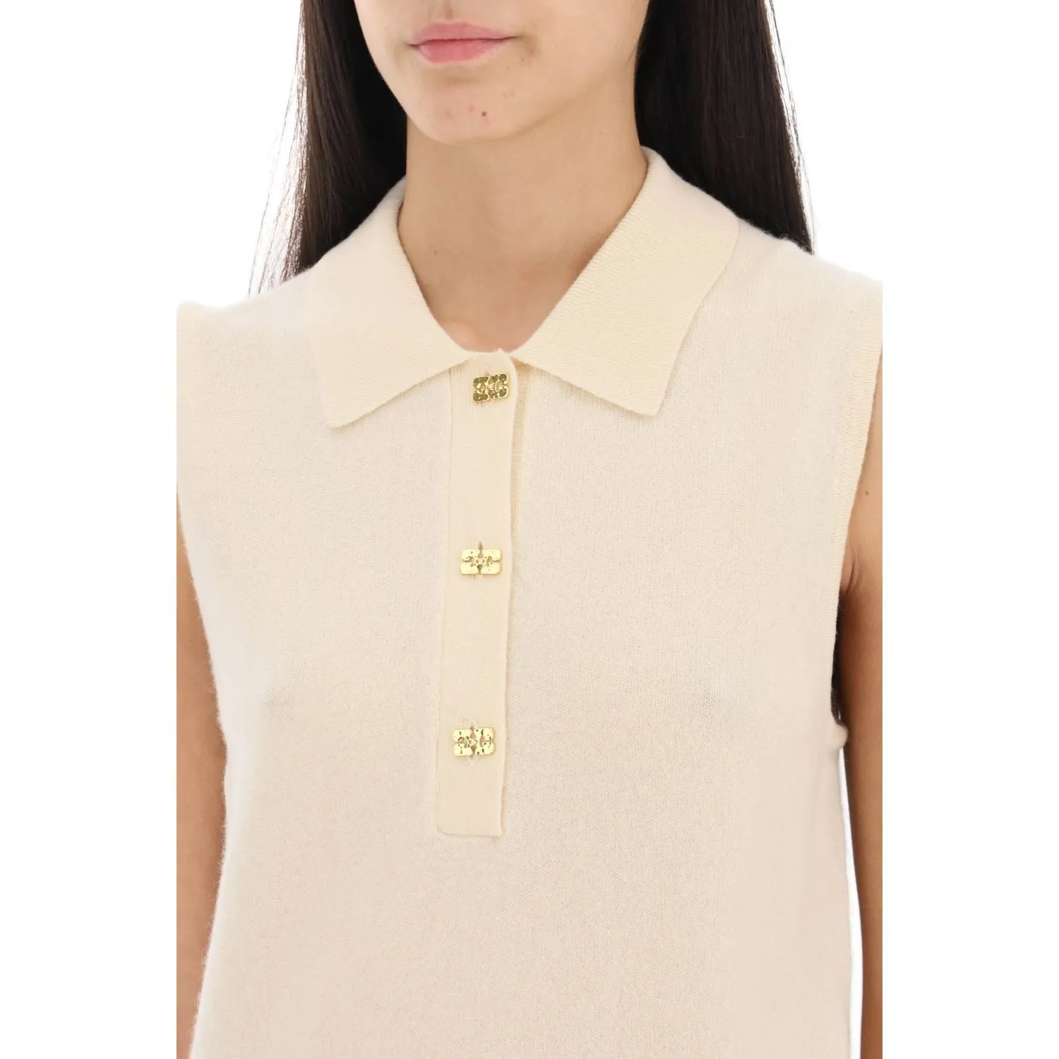 Ganni sleeveless polo shirt in wool and cashmere