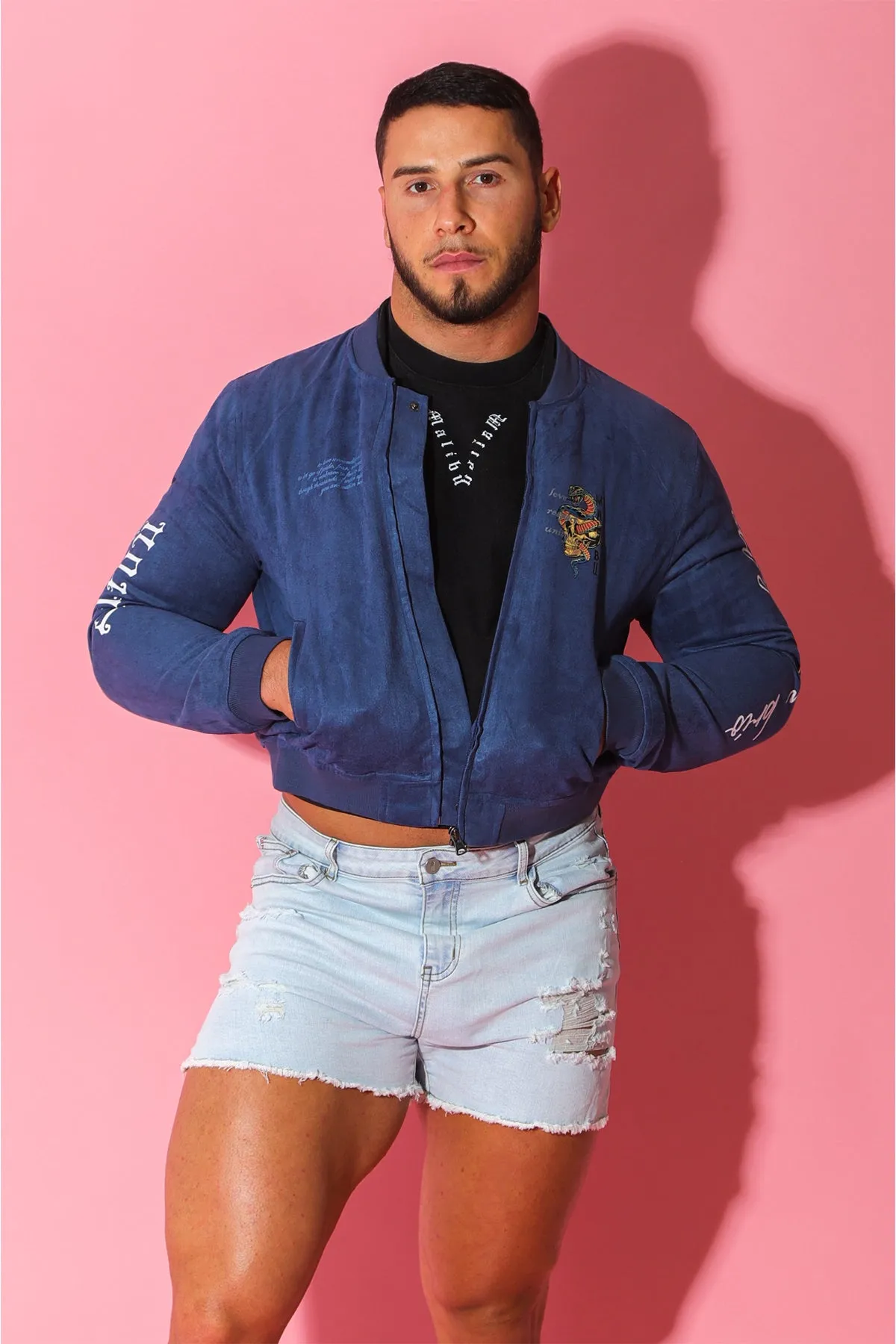 Get Him Back Suede Cropped Zip Jacket - Navy