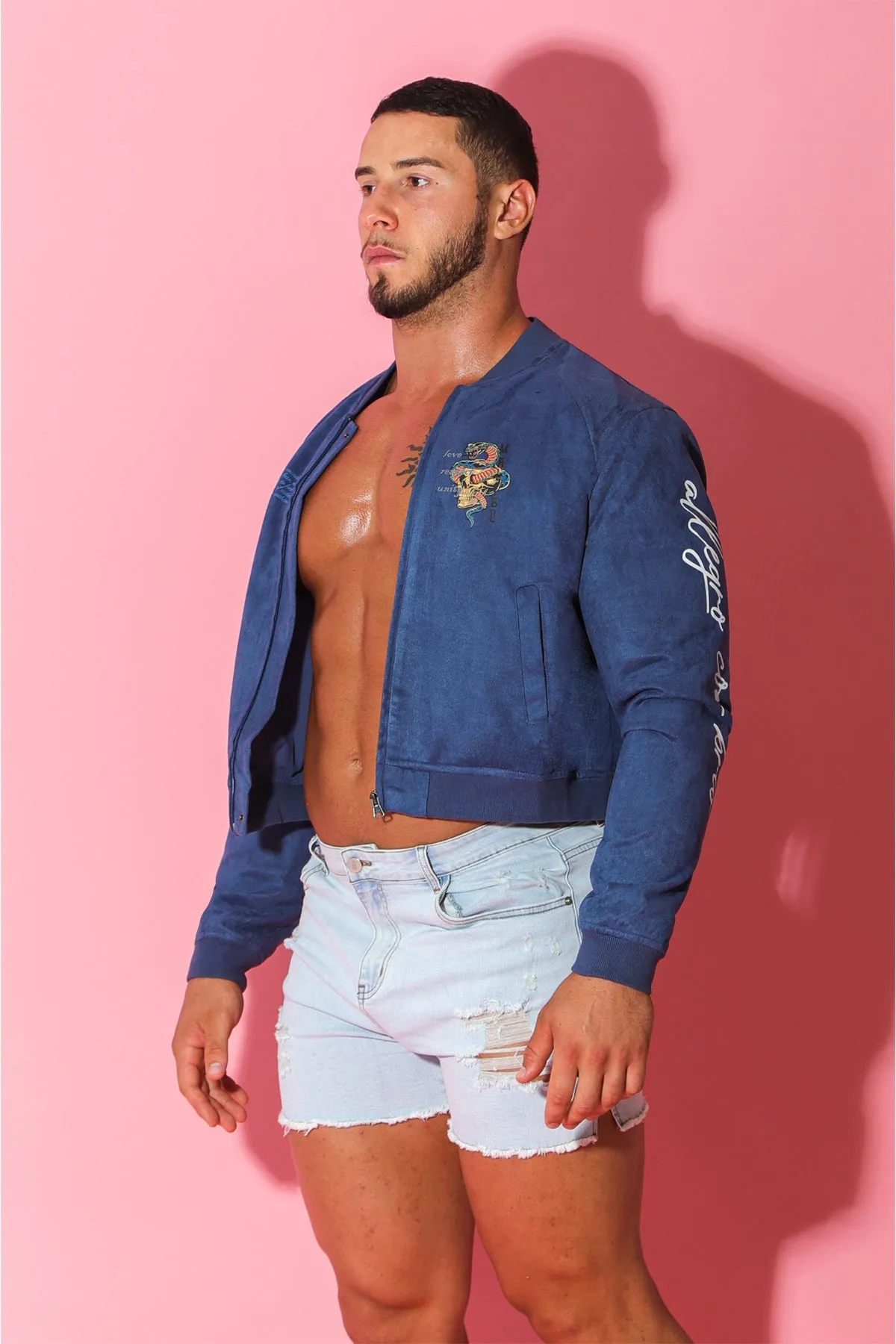 Get Him Back Suede Cropped Zip Jacket - Navy