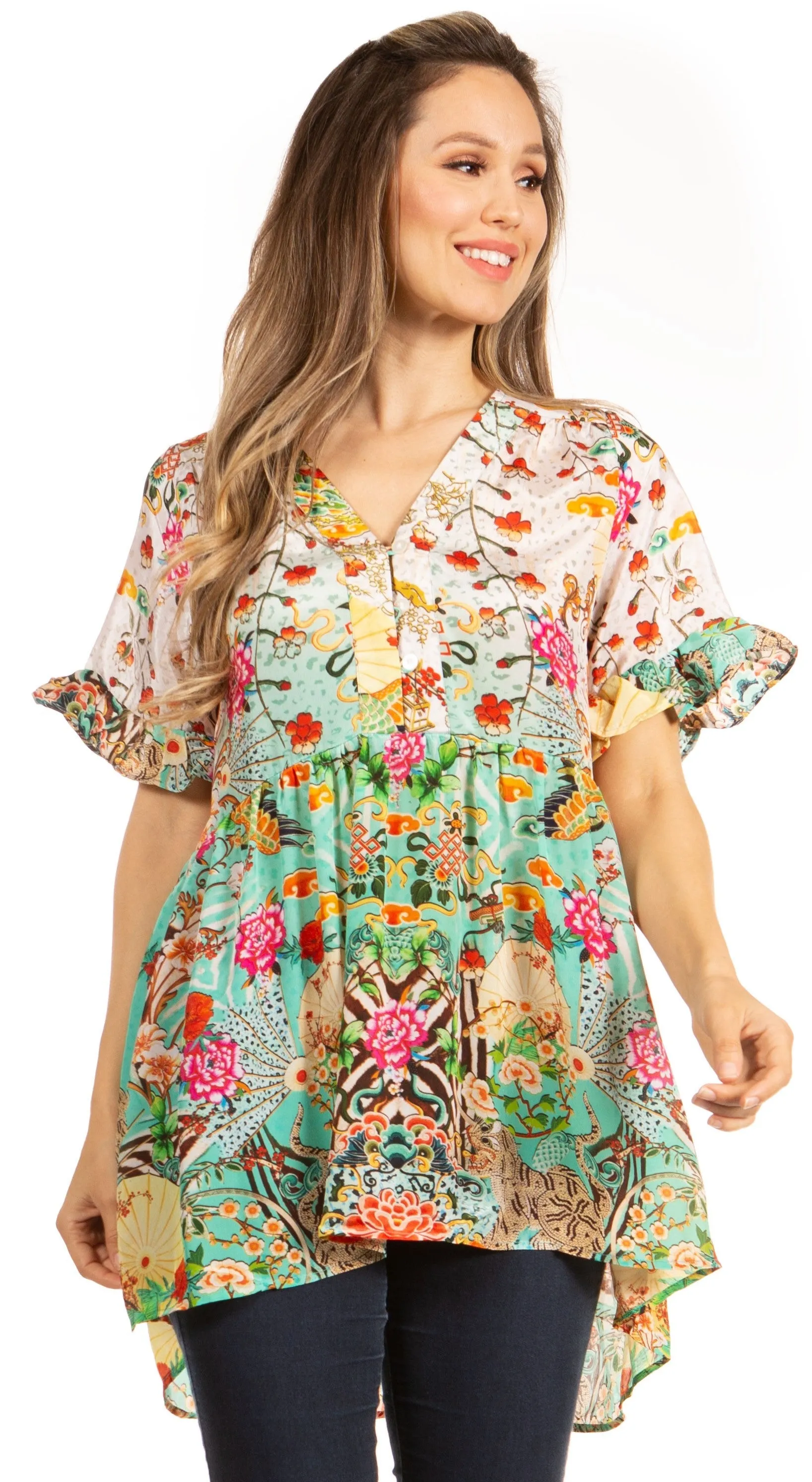 Get Summer Ready with Sakkas Eli Women's Floral Ruffle Top Blouse Tunic