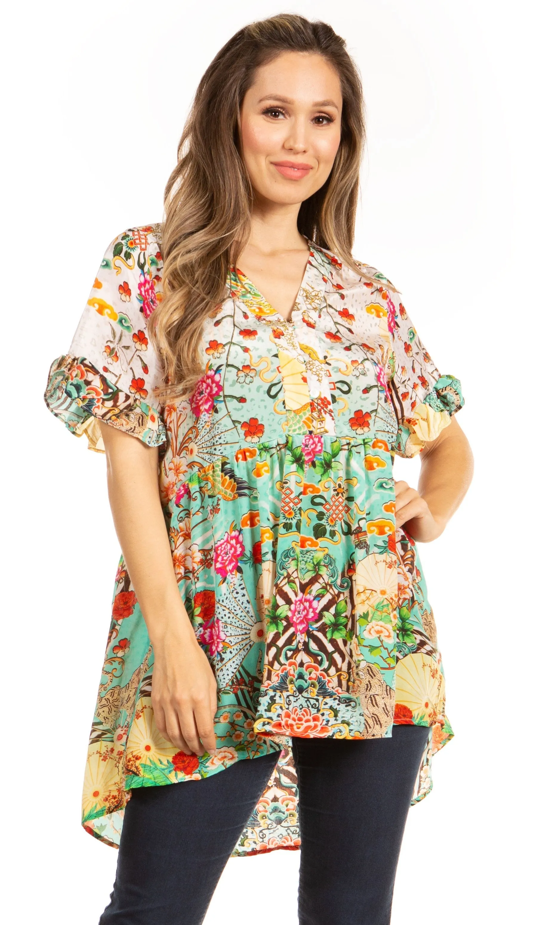 Get Summer Ready with Sakkas Eli Women's Floral Ruffle Top Blouse Tunic