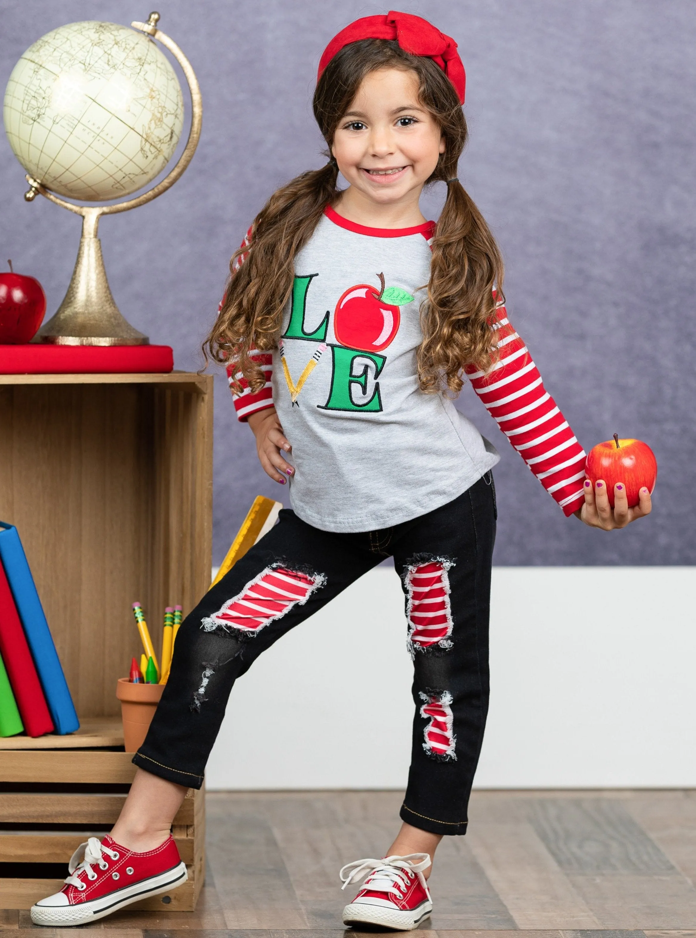 Girls Apple Applique Raglan Sleeve Top & Patched Denim Set