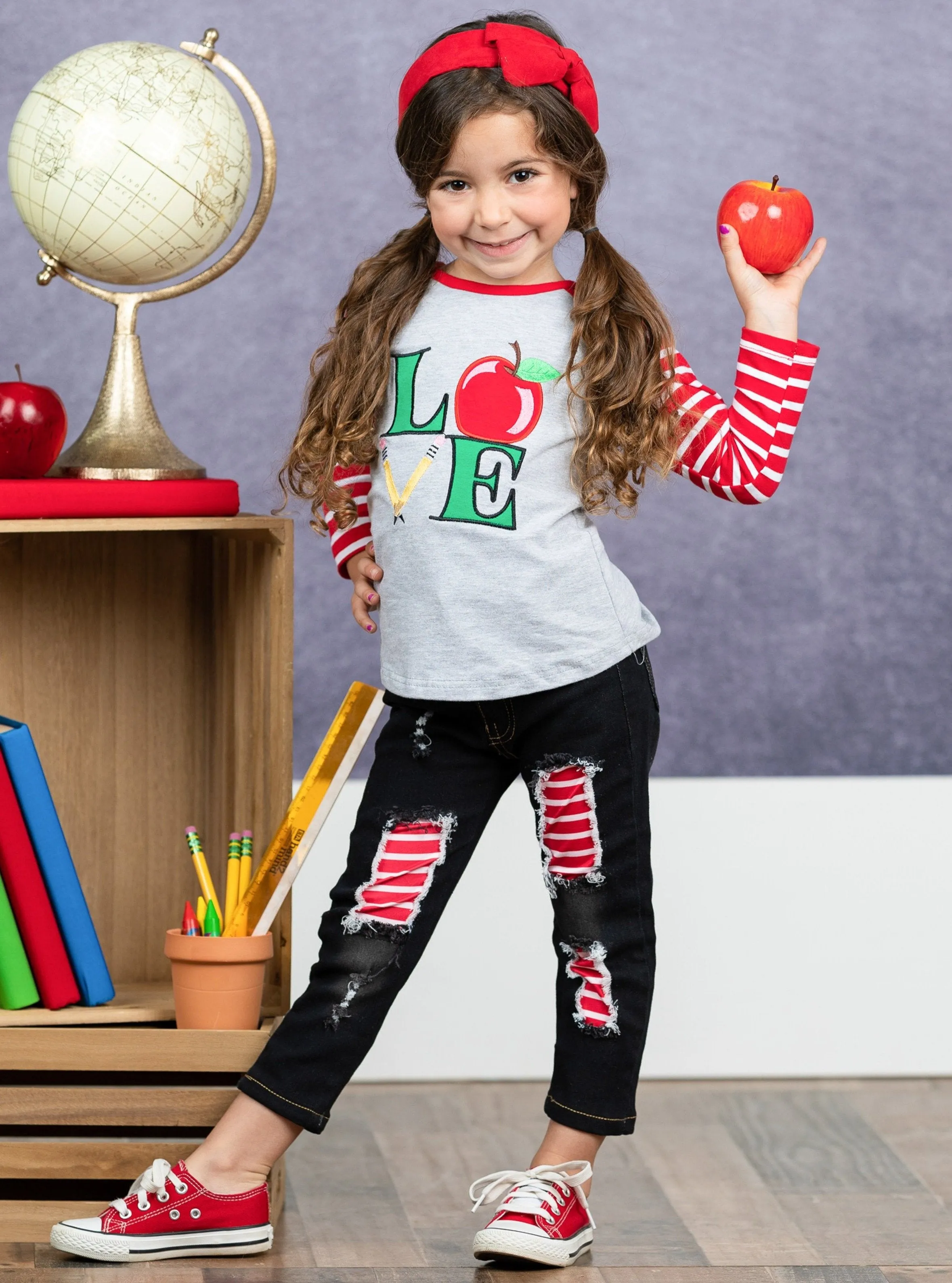 Girls Apple Applique Raglan Sleeve Top & Patched Denim Set