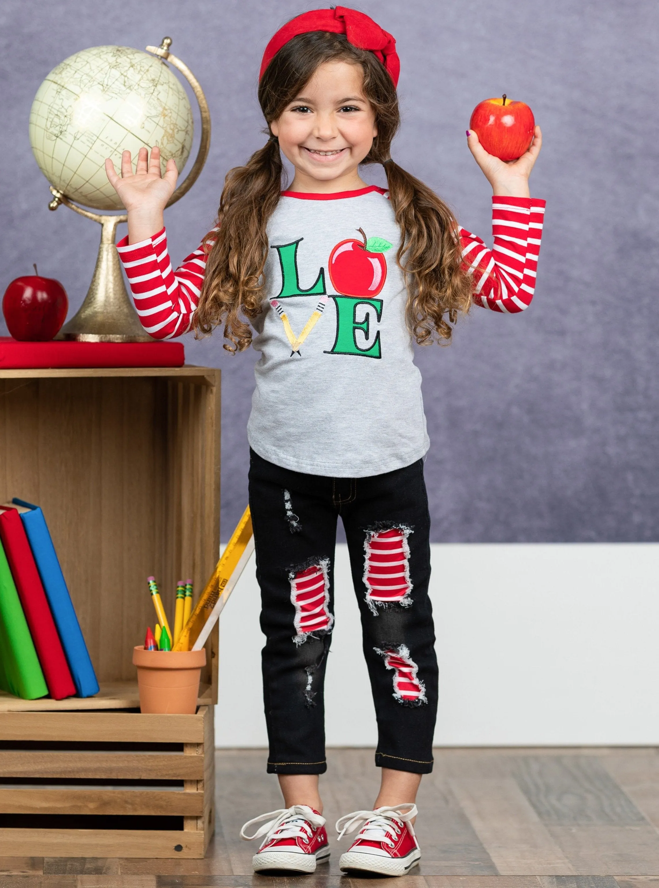 Girls Apple Applique Raglan Sleeve Top & Patched Denim Set