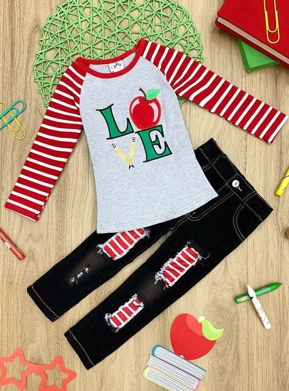 Girls Apple Applique Raglan Sleeve Top & Patched Denim Set