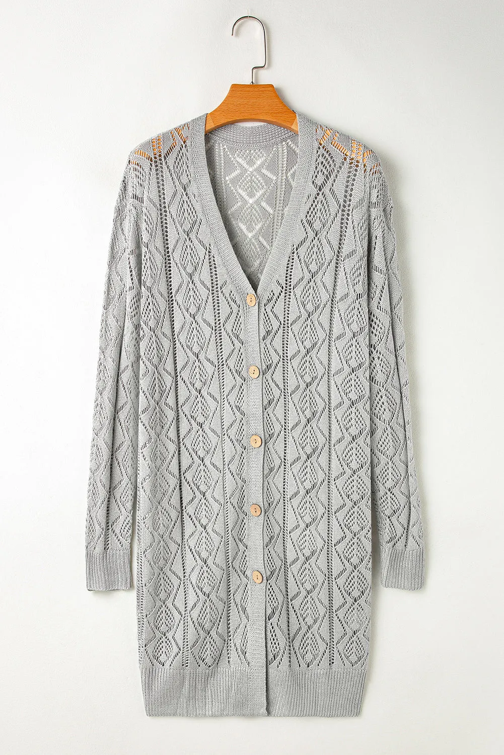 Gray Hollow Out Buttons Front Long Cardigan