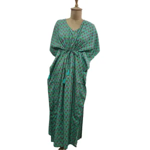 Green Pink Floral Print Cotton Kaftan