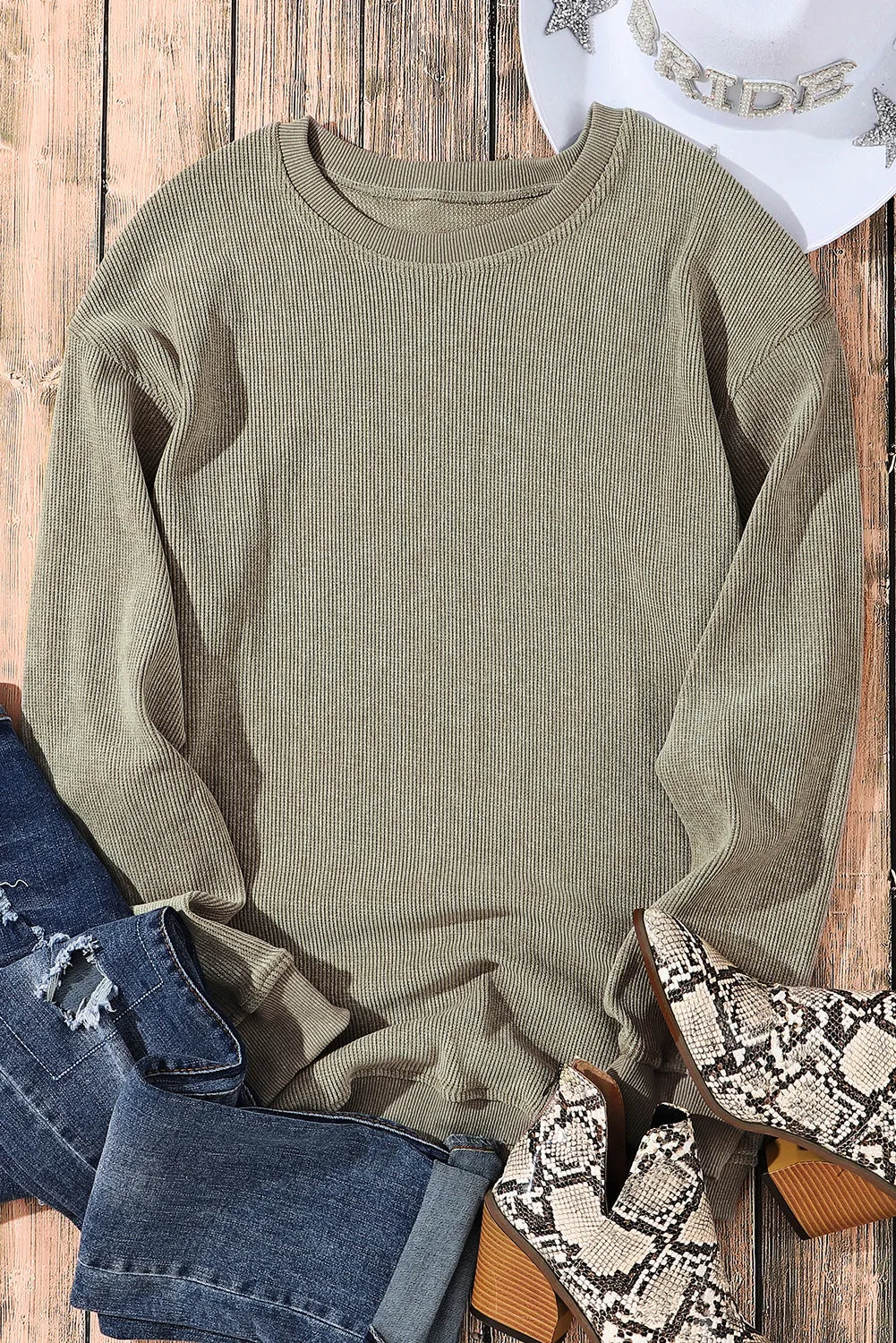 Green Solid Ribbed Knit Round Neck Pullover Sweatshirt