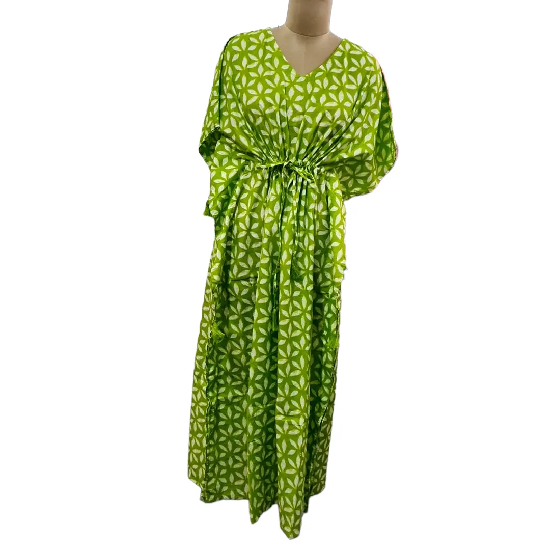 Green White Floral Print Cotton Kaftan