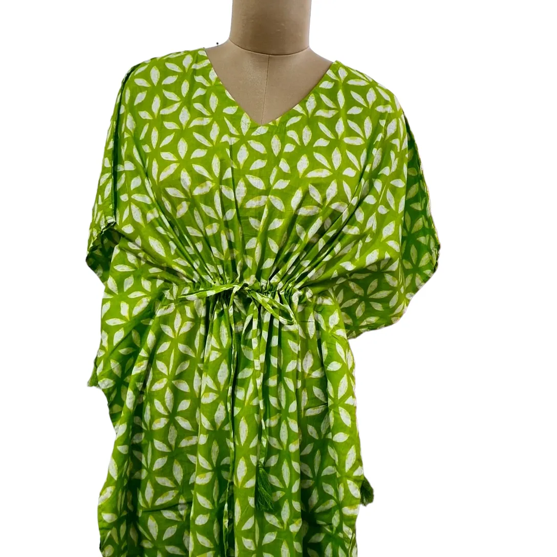 Green White Floral Print Cotton Kaftan