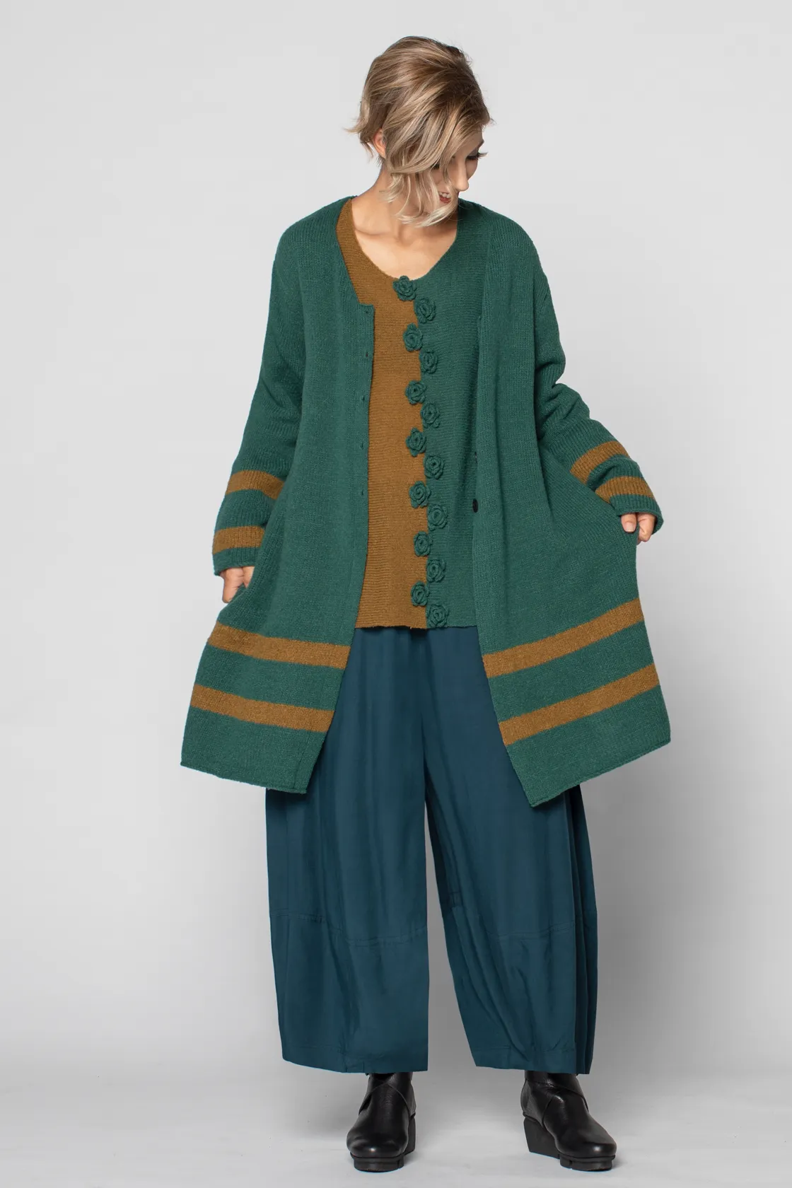 GRIZAS Stripe Cardigan in Ocha/Emerald